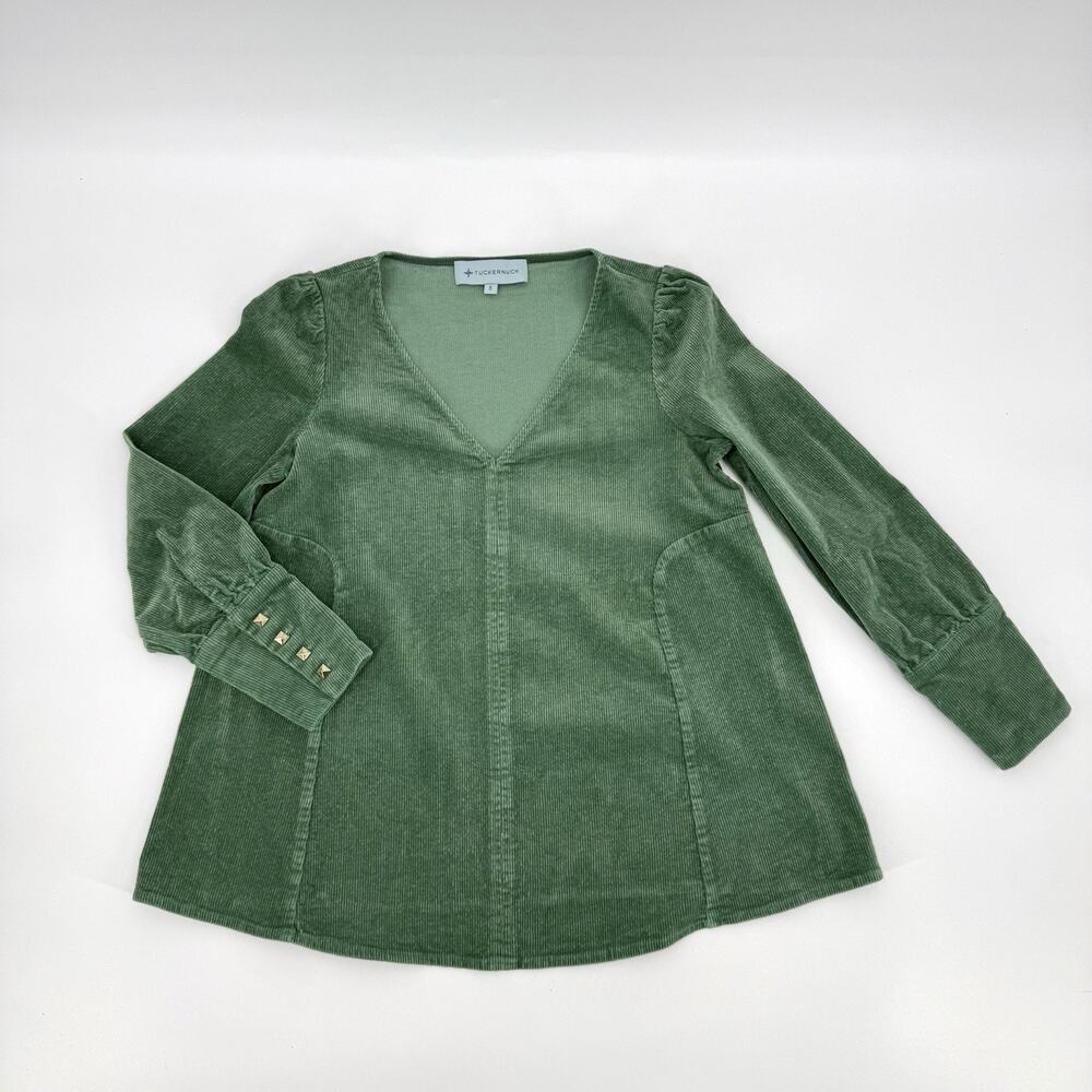 Tuckernuck Womens S Green Corduroy Tunic Top Puff Sleeve Gold Stud Cuff Babydoll - Picture 4 of 10